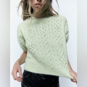 Zara Alpaca & Wool Blend Green Pearl Detail Sweater
